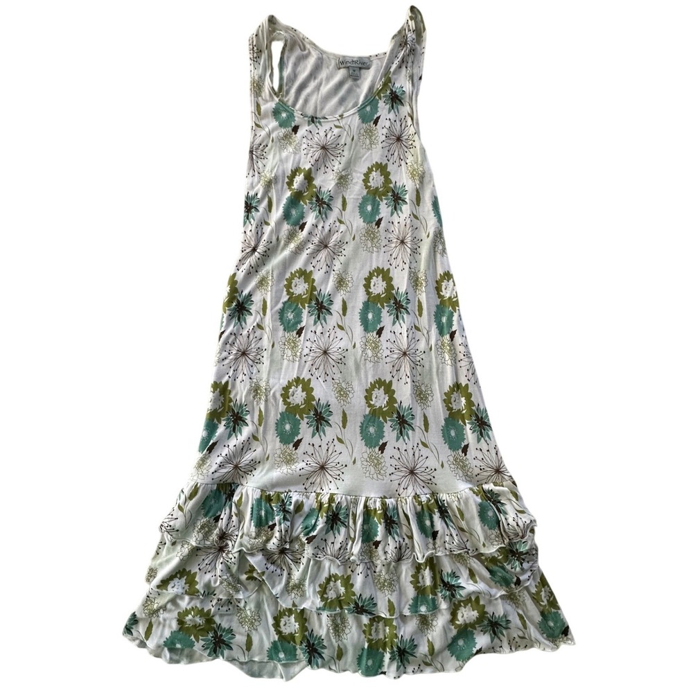WindRiver Floral Ruffle Hem Midi Dress Green Teal White Sleeveless Rayon Medium